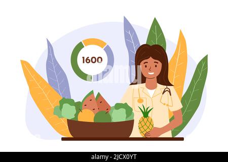 Bol nutritionniste de fruits et légumes marque calorique. Alimentation saine, diète détox concept. Arrière-plan des feuilles naturelles. Nutriments pour l'amélioration de la santé. L Illustration de Vecteur