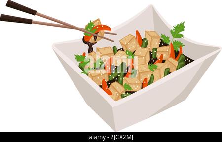 Salade de tofu frite ou soupe avec sauce au poivre, au sésame et au soja. Plat asiatique pour végétariens et végétaliens. Illustration d'aliments plats Vector. Illustration de Vecteur