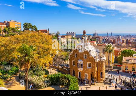 Antoni Gaudi, Parc Guell, site classé au patrimoine mondial de l'UNESCO, Barcelone, Catalogne, Espagne, Europe Banque D'Images