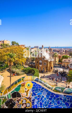 Antoni Gaudi, Parc Guell, site classé au patrimoine mondial de l'UNESCO, Barcelone, Catalogne, Espagne, Europe Banque D'Images