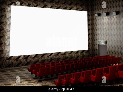 Écran de cinéma blanc lumineux blanc vierge avec rangées de sièges et de chaises rouges réalistes avec arrière-plan vide de l'espace de copie. Première de film et Ente Banque D'Images