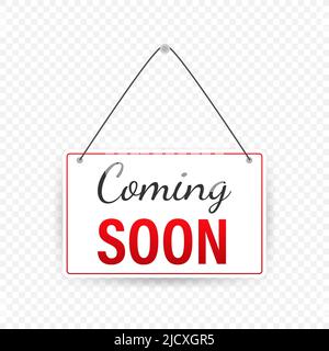Affiche suspendue bientôt isolée sur un mur blanc Illustration de Vecteur
