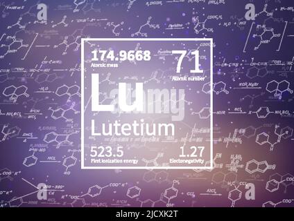 Elément chimique lutétium avec première énergie d'ionisation, masse atomique et valeurs d'électronégativité sur fond scientifique Illustration de Vecteur