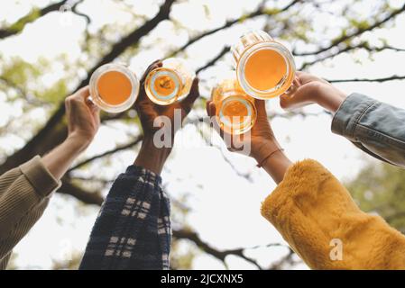 Divers groupes de jeunes amis se trinquer une tasse de bières et avoir un toast festif ensemble Banque D'Images