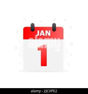 Page de calendrier en spirale avec un seul jour. 1st janvier. Icône ronde avec ombre. Illustration de Vecteur