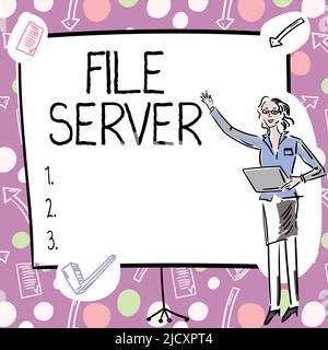 Légende de texte présentant le serveur de fichiers. Dispositif de présentation professionnelle qui contrôle l'accès aux données stockées séparément Businesswoman décontracté de présentation debout Banque D'Images