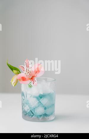 fleur d'alstroemeria rose en verre avec tonique glacé sur la surface blanche isolée sur le gris Banque D'Images