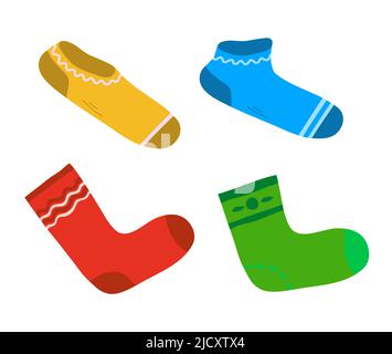 Ensemble de chaussettes chaudes colorées. Vêtements en laine. Chaussette pour homme et femme. Collection hiver. Beauté et mode. Illustration de dessin animé vectoriel isolée o Illustration de Vecteur