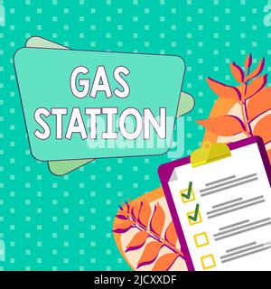 Légende conceptuelle station-service. Approche commerciale pour l'entretien des véhicules automobiles, en particulier avec l'essence et l'huile presse-papiers dessin avec liste de contrôle Banque D'Images