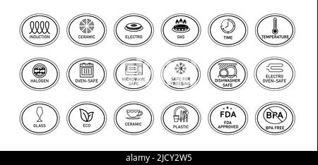 Un grand ensemble d'icônes d'étiquetage de récipients dans un cadre ovale. Induction, gaz, micro-ondes, approuvé par la FDA, sans BPA, Etc. Pour indiquer une surface, un revêtement Illustration de Vecteur