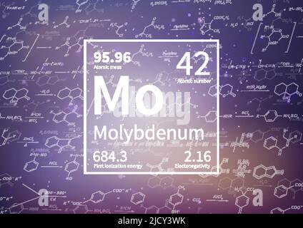 Elément chimique au molybdène avec première énergie d'ionisation, masse atomique et électronégativité sur le fond scientifique Illustration de Vecteur