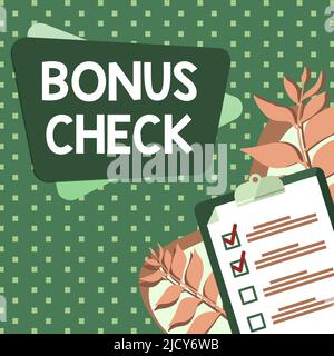 Chèque bonus pour affiche manuscrite. Mot écrit sur quelque chose en plus de ce qui est attendu ou strictement dû mise en plan du presse-papiers avec la liste de contrôle marquée Done Banque D'Images