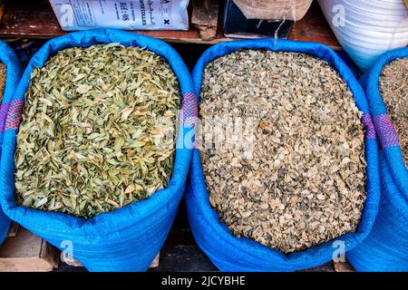 Fès, Maroc - 16 juin 2022 légumes vendus sur le marché dans la médina de Fès pendant l'épidémie de coronavirus frappant le Maroc, portant un masque est homme Banque D'Images