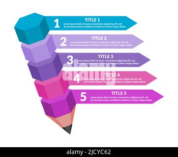 Infographie crayon avec cinq éléments. Modèle d'éducation coloré avec cinq étapes ou options. Schéma de disposition du flux de travail. Motif violet, rose, bleu Illustration de Vecteur