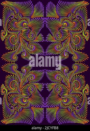 Élégant trippy psychédélique coloré fractal mandala, violet vert clair orange dégradé couleur. 3D effet. Fleur de Kaléidoscope avec beaucoup d'ornement Illustration de Vecteur