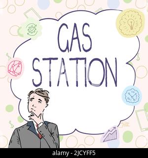 Légende conceptuelle station-service. Aperçu de l'activité pour l'entretien des véhicules automobiles, en particulier avec l'essence et l'huile homme d'affaires pensée novatrice Banque D'Images