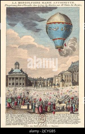 La Montgolfie la Marie-Antoinette, BALLON À AIR CHAUD VERSAILES 1784 Etching couleur représentant le vol du ballon à air chaud Marie-Antoinette, deuxième expérience de Jean-François Pilatre de Rozier, en face du château de Versailles, 23 juin 1784. Eau-forte représentant l'envol de la Montgolfie la Marie-Antoinette, deuxième exposition de Jean-François Pilatre de Rozier, devant le château de Versailles, le 23 juin 1784. Banque D'Images