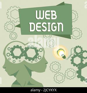Affiche de texte montrant Web Design. Mot écrit sur qui est responsable de la production et de la maintenance de sites Web deux chefs avec COGS montrant la technologie Banque D'Images