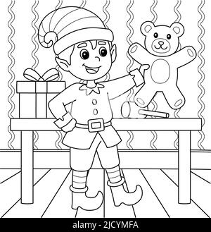 Page de coloriage Elf de Noël pour enfants Illustration de Vecteur