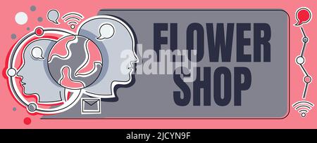 Légende de texte présentant Flower Shop, approche d'affaires où les fleurs coupées sont vendues avec des décorations pour cadeaux plusieurs têtes Conttected montrant le monde G. Banque D'Images