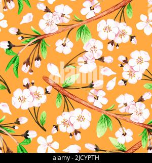 Motif sakura sans couture. Illustration aquarelle. Isolé sur fond jaune moutarde. Pour vos tissus de design, papier d'emballage, livres de cuisine, tabliers Banque D'Images