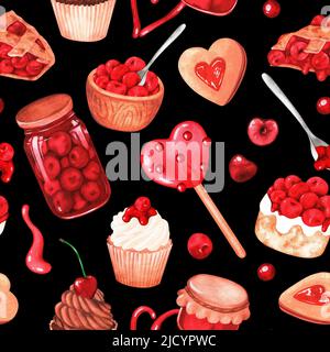 Motif sans couture Cherry sucreries. Illustration aquarelle. Isolé sur un fond noir. Pour vos tissus de design, papier d'emballage, livres de cuisine, tabliers Banque D'Images