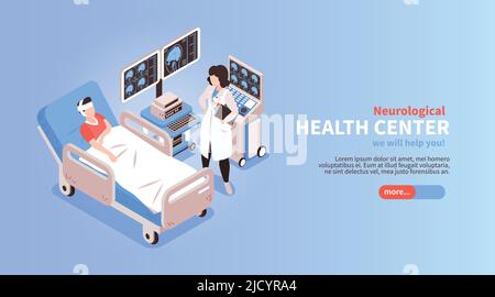 Page d'accueil du centre de santé neurologique médial bannière web horizontale isométrique avec patient hospitalisé médecin équipement illustration vectorielle Illustration de Vecteur