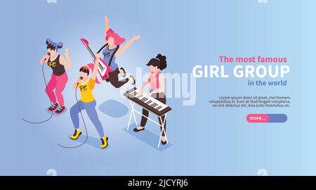 Rock pop bande horizontale isométrique web bannière avec célèbre musical quatre pièces filles performance de groupe illustration vectorielle Illustration de Vecteur