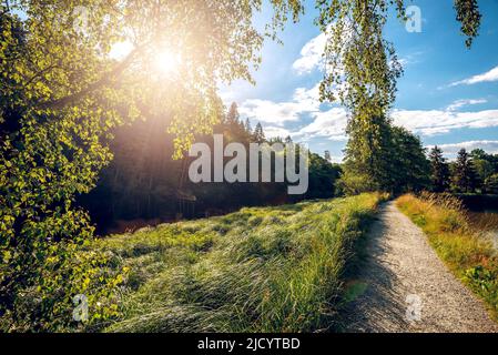 Après-midi dans le petit vieux village de Hals près de Passau, Basse-Bavière et lac sur la rivière Ilz avec aire de pique-nique. Image en tons. Banque D'Images