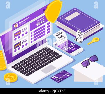 Paiement en ligne composition isométrique avec icônes et pictogrammes pour les transactions instantanées compte personnel sur l'écran d'ordinateur illustration vectorielle Illustration de Vecteur