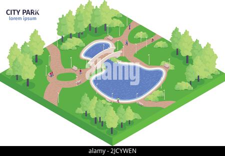 Composition isométrique du parc de la ville avec rivière forestière et bancs un endroit où vous pouvez marcher illustration vectorielle Illustration de Vecteur