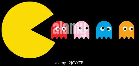 Jeu de caractères PAC-man. Jeu vidéo rétro. Blinky, Pinky, Inky, Clyde. Illustration éditoriale isolée sur fond noir Illustration de Vecteur