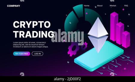 Bannière Crypto trading. Modèle de page Web de renvoi isométrique. Illustration vectorielle Illustration de Vecteur