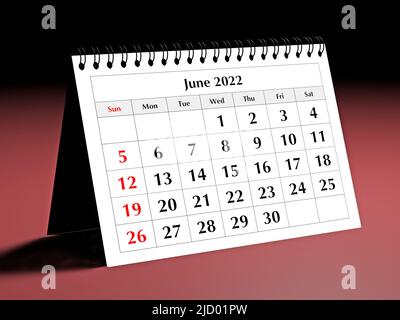 Une page du calendrier mensuel annuel du bureau d'affaires. Date - mois juin 2022. 3d rendu Banque D'Images