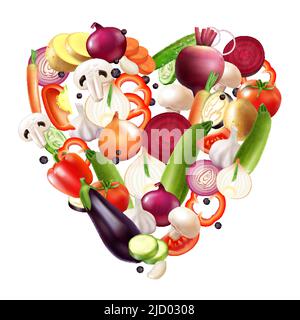 Composition réaliste de coeur de légumes avec mélange en forme de coeur de tranches de légumes et de fruits entiers avec illustration vectorielle de baies Illustration de Vecteur