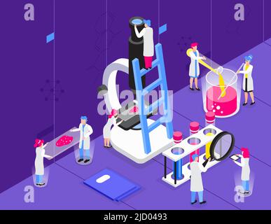 Composition chimique isométrique avec décor d'intérieur et personnages de petites personnes avec microscope et illustration vectorielle de tubes en verre transparent Illustration de Vecteur