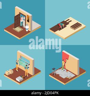 Les icônes de concept d'ouvrier de réparation à domicile définissent l'illustration isométrique de vecteur isolé Illustration de Vecteur