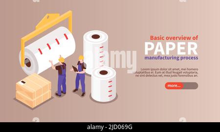 Présentation de base du processus de fabrication du papier page de renvoi horizontale isométrique avec illustration vectorielle des rouleaux finis Illustration de Vecteur