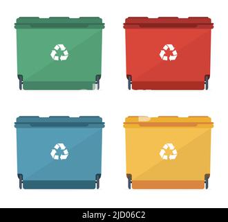 Poubelles de différentes tailles et couleurs avec une affiche de recyclage. Illustration vectorielle. Illustration de Vecteur