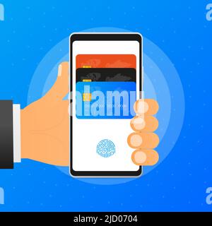 Téléphone portable avec modes de paiement sans contact Mobile sur fond bleu. Illustration vectorielle. Illustration de Vecteur