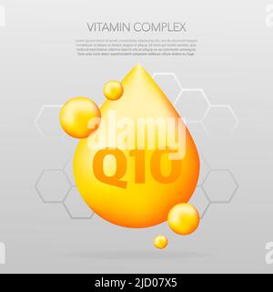 Complexe vitaminique Q10 avec chute réaliste sur fond gris. Particules de vitamines au milieu. Illustration vectorielle. Illustration de Vecteur