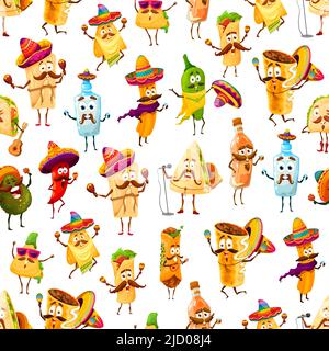 Bande dessinée mexicaine Tex Mex Food caractères sans couture motif, fond vectoriel. Cuisine mexicaine nourriture et boissons motif de burrito drôle, taco et tequila dans le sombrero avec guitare et maracas sur fiesta Illustration de Vecteur