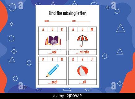 Recherchez la lettre manquante. Feuilles de travail d'orthographe pour les enfants. Page activité. Illustration de Vecteur