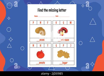 Recherchez la lettre manquante. Feuilles de travail d'orthographe pour les enfants. Page activité. Illustration de Vecteur