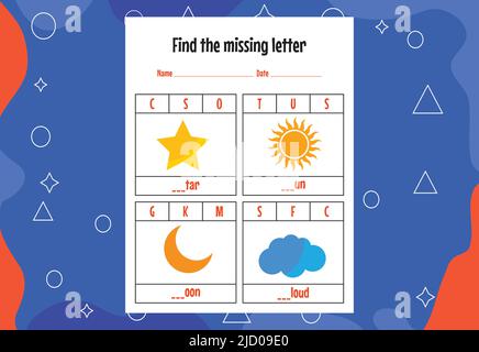 Recherchez la lettre manquante. Feuilles de travail d'orthographe pour les enfants. Page activité. Illustration de Vecteur