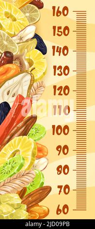 Fruits secs et en-cas, règle de graphique de hauteur pour enfants, mesure de croissance vectorielle. Règle de grande taille pour bébé ou balance de mesure de taille pour enfant avec fruits secs, pruneaux et abricots, ananas et dattes sucrées Illustration de Vecteur