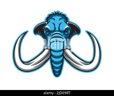 Mascotte d'éléphant de mammouth, tête en colère d'un animal agressif, badge vectoriel de l'équipe sportive. Signe de mascotte de mascotte bleu d'éléphant de mammouth avec défenses et tronc, emblème de basket-ball, football ou équipe de rugby Illustration de Vecteur