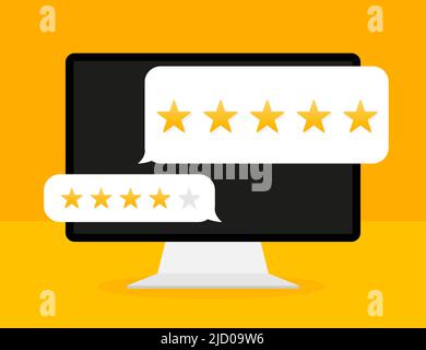 Avis du client avec une icône en forme d'étoile dorée sur l'écran de l'ordinateur portable. Illustration vectorielle. Illustration de Vecteur