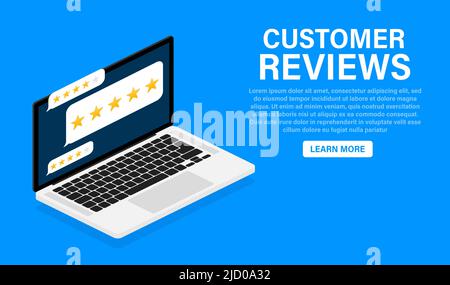 Avis du client avec une icône en forme d'étoile dorée sur l'écran de l'ordinateur portable. Illustration vectorielle. Illustration de Vecteur