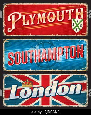 London, Plymouth, Southampton City plaques et autocollants de voyage, UK Vector bagages tags. Les villes du comté d'Angleterre sont dotées de panneaux d'étain et de plaques de voyage avec des monuments anglais, un drapeau, des emblèmes et des symboles Illustration de Vecteur